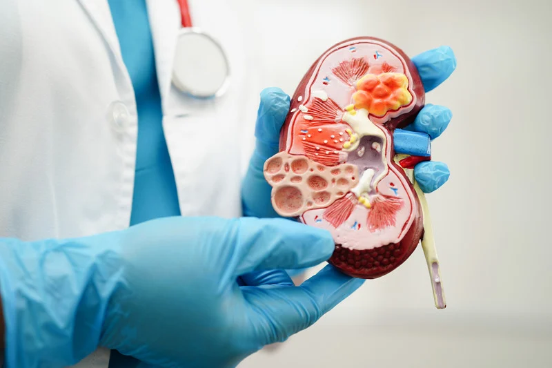 Specialist holding a kidney model to explain end-stage renal disease (ESRD) treatment and dialysis access in Atlanta